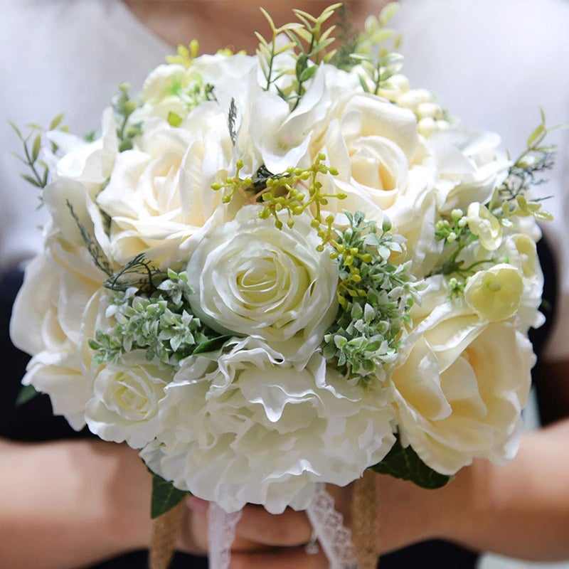 Fiwisora 9.8" Bridal Holding Wedding Bouquet Real-Looking Mixed Flowers Ivory Greenery Bridal Throw Bouquet for Brides Bridesmaid Wedding Hold Flower, Ivory - Image 5